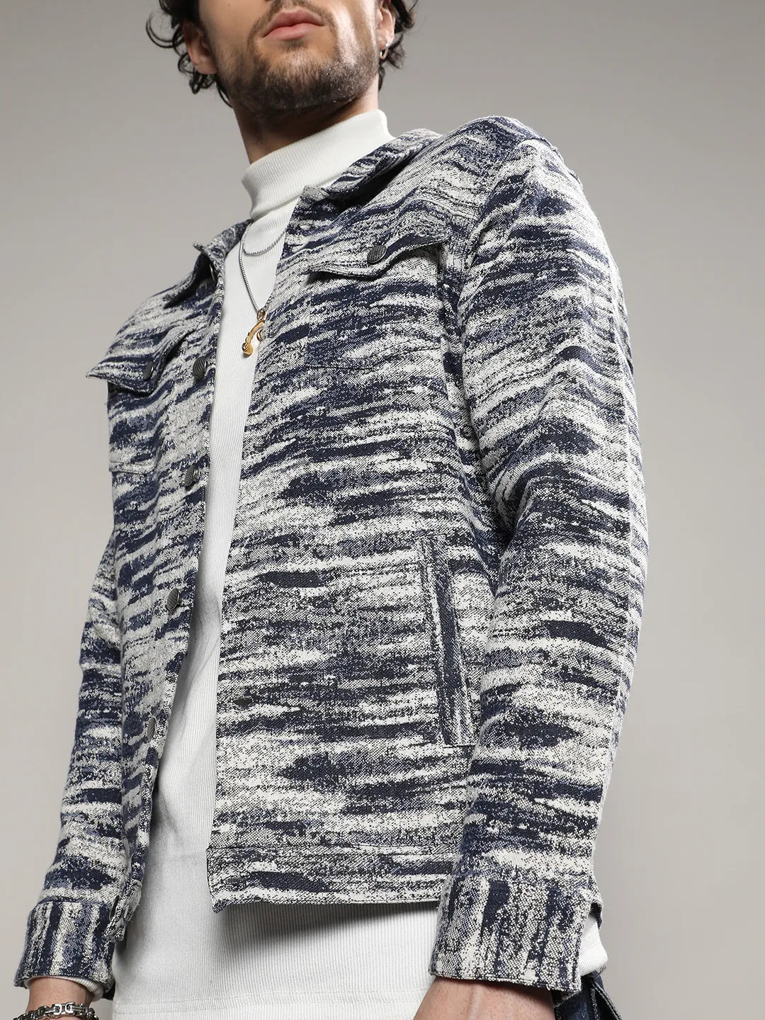 Navy Blue & Chalk White Contrast Denim Heathered Jacket
