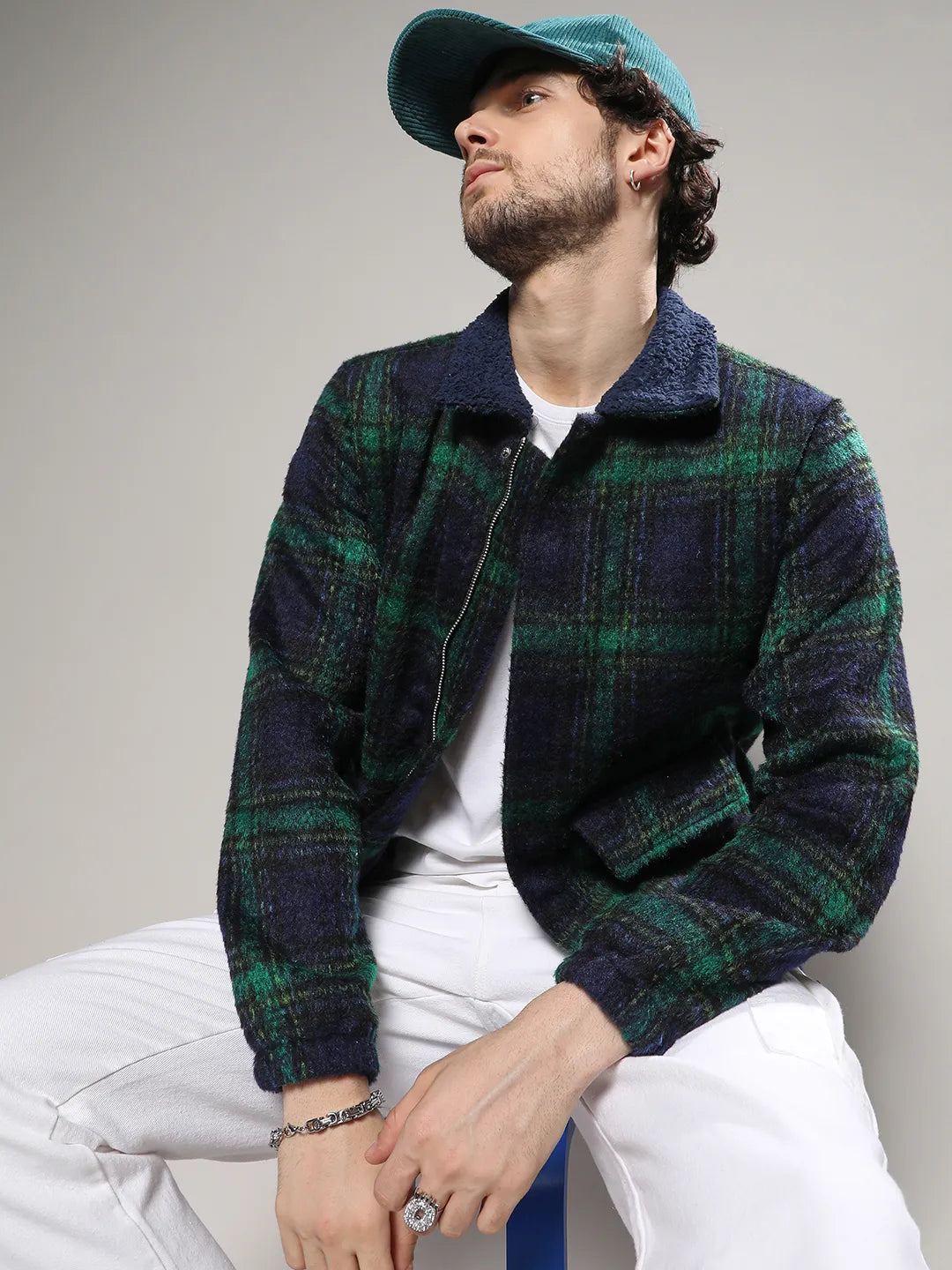 Campus Sutra Men s Navy Blue Green Tartan Plaid Jacket With Fleece Collar Campussutra