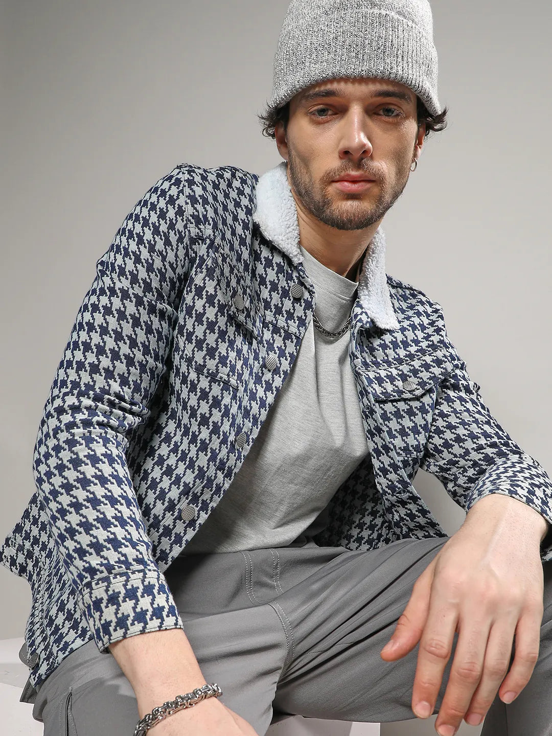 Fleece Houndstooth Denim Jacket