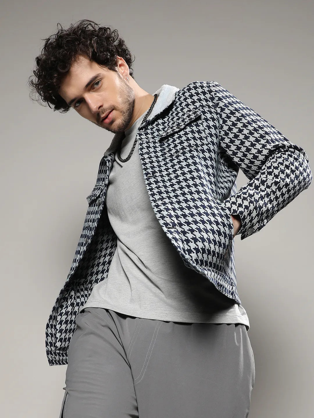 Fleece Houndstooth Denim Jacket