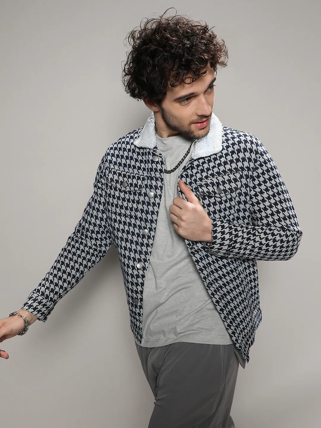 Fleece Houndstooth Denim Jacket