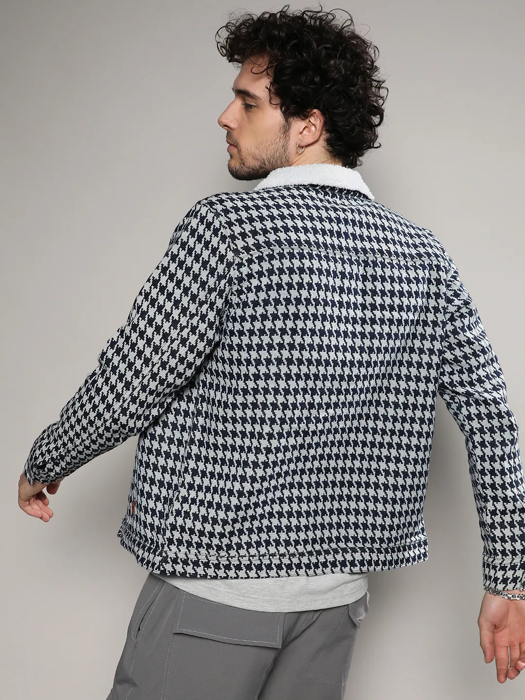 Fleece Houndstooth Denim Jacket