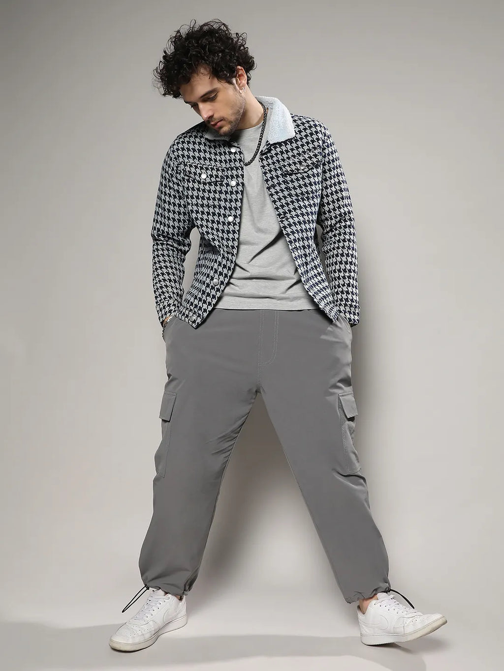 Fleece Houndstooth Denim Jacket