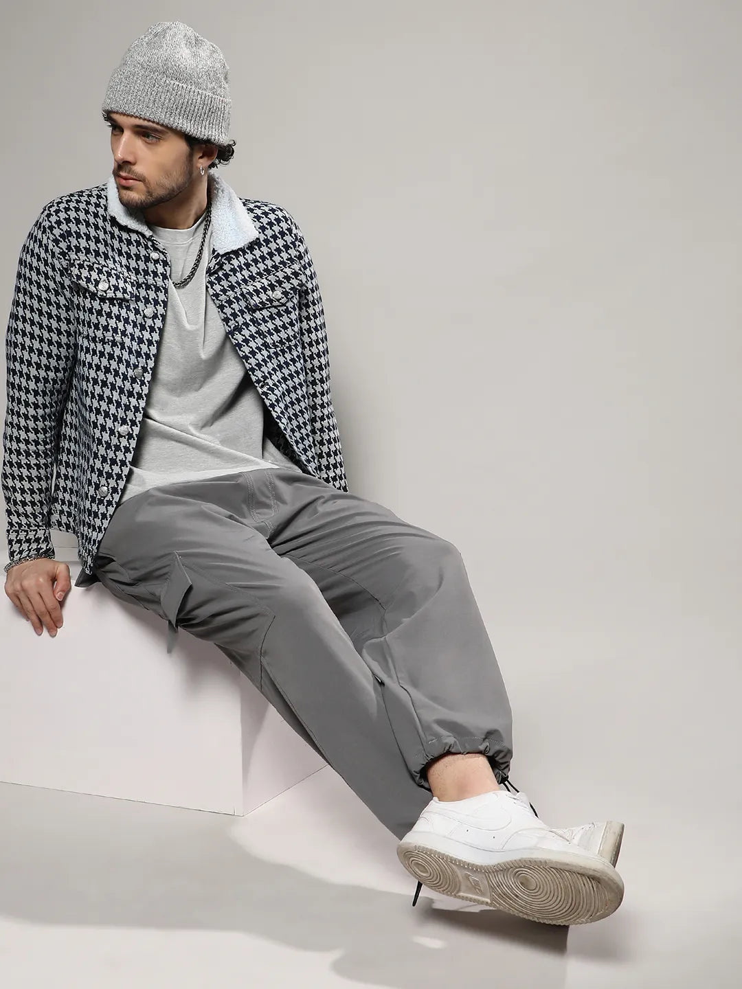 Fleece Houndstooth Denim Jacket