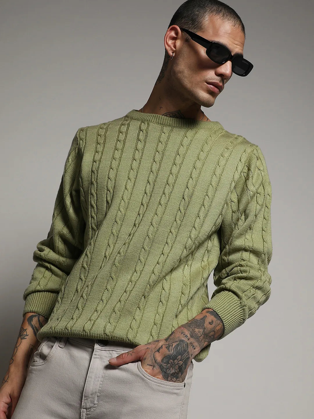 Campus Sutra Men s Olive Green Cable Knit Sweater Campussutra