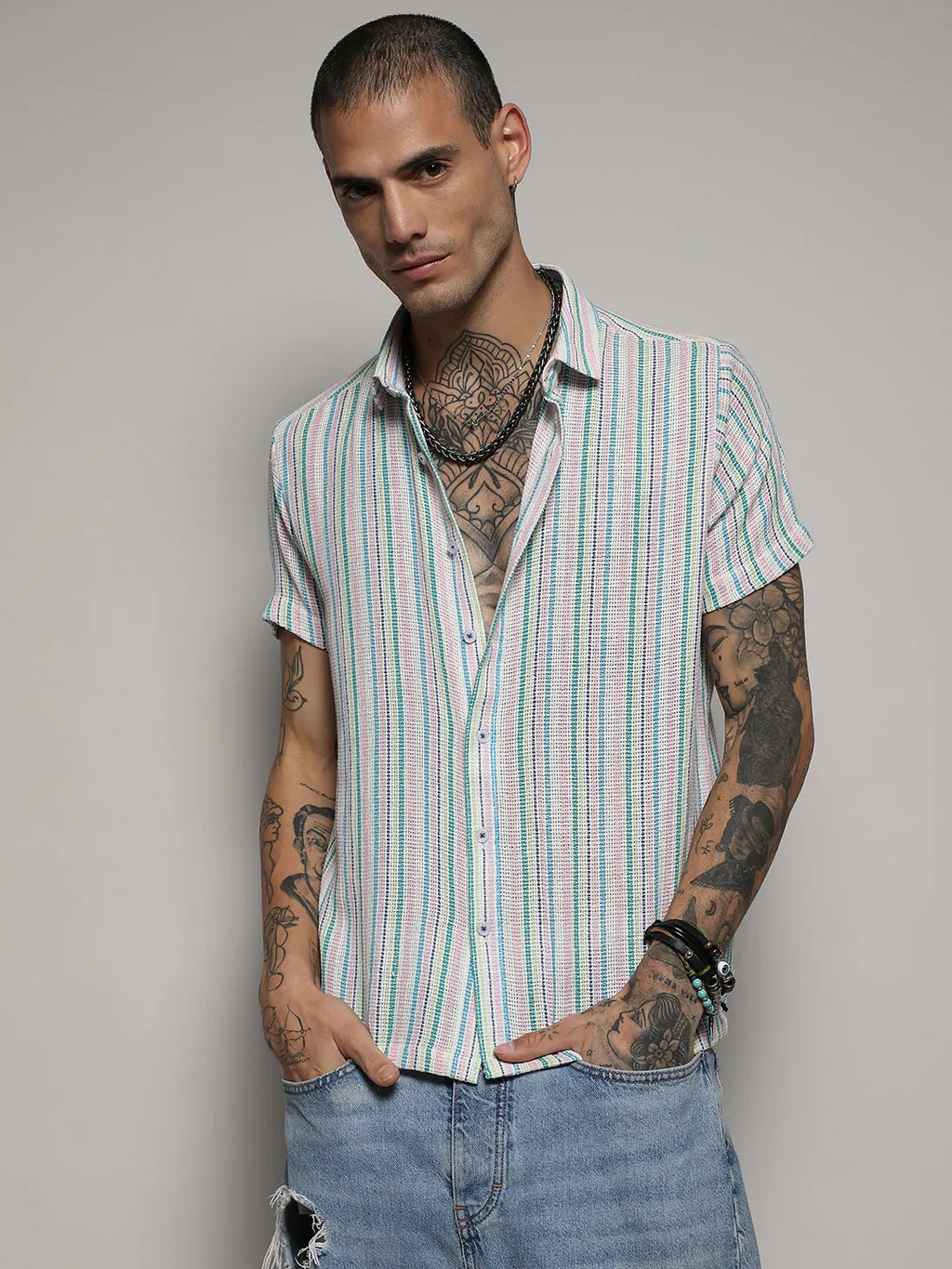 Unbalanced Striped Woven Shirt