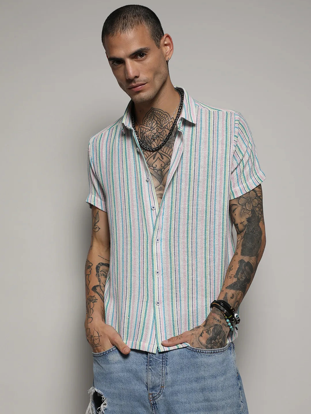 Unbalanced Striped Woven Shirt