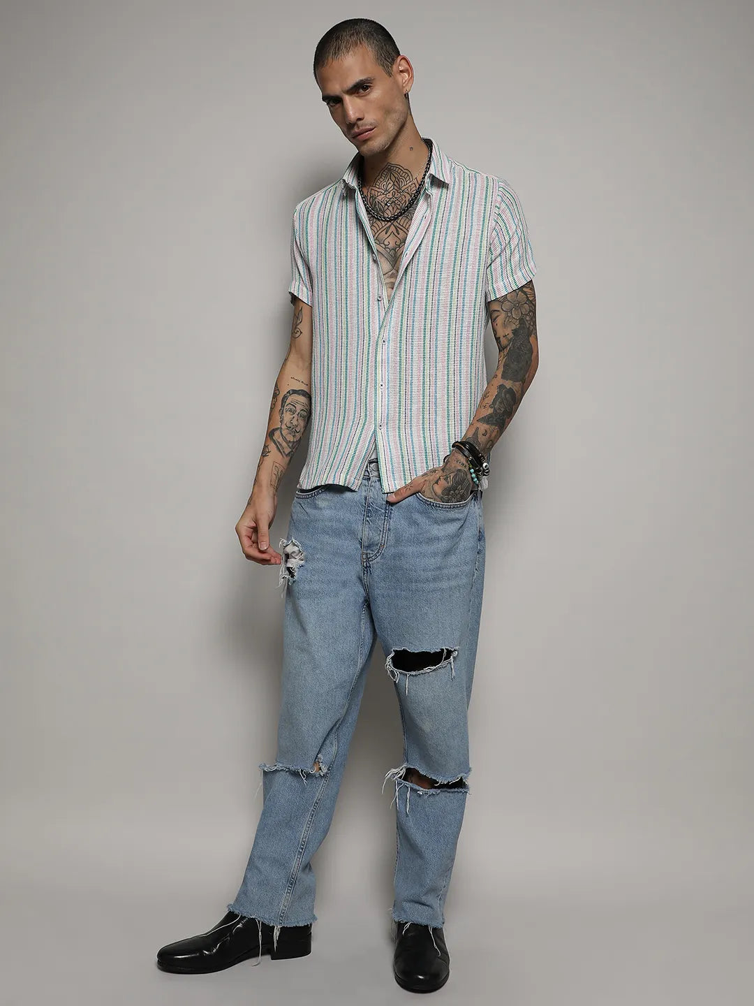 Unbalanced Striped Woven Shirt