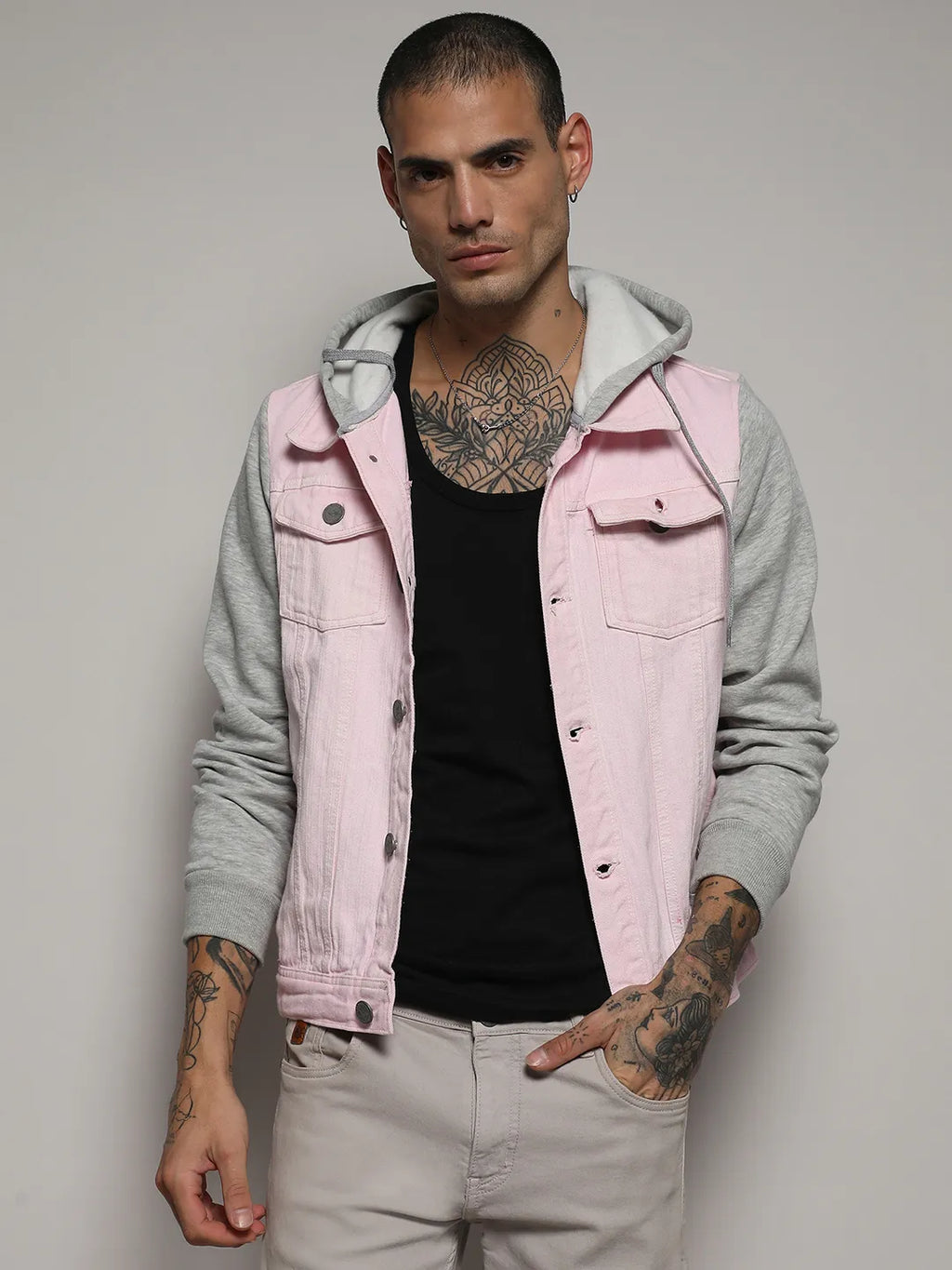 Medium-Wash Denim Jacket With Sweatshirt Sleeve