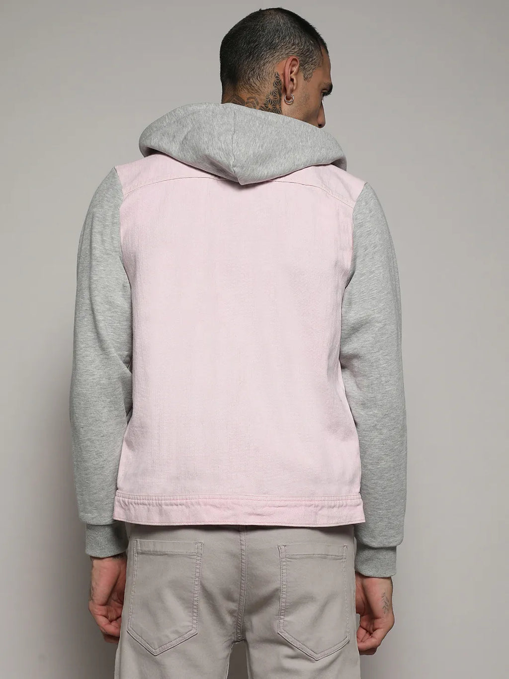 Medium-Wash Denim Jacket With Sweatshirt Sleeve