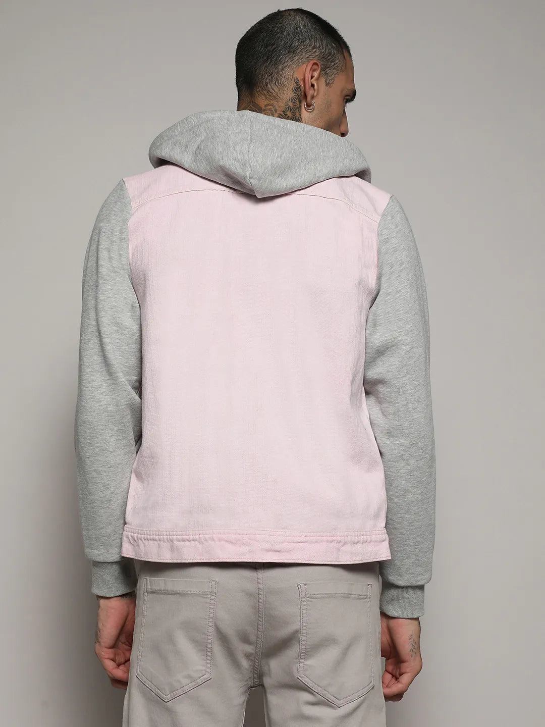 Medium-Wash Denim Jacket With Sweatshirt Sleeve