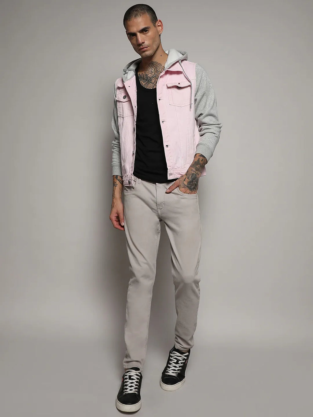 Medium-Wash Denim Jacket With Sweatshirt Sleeve