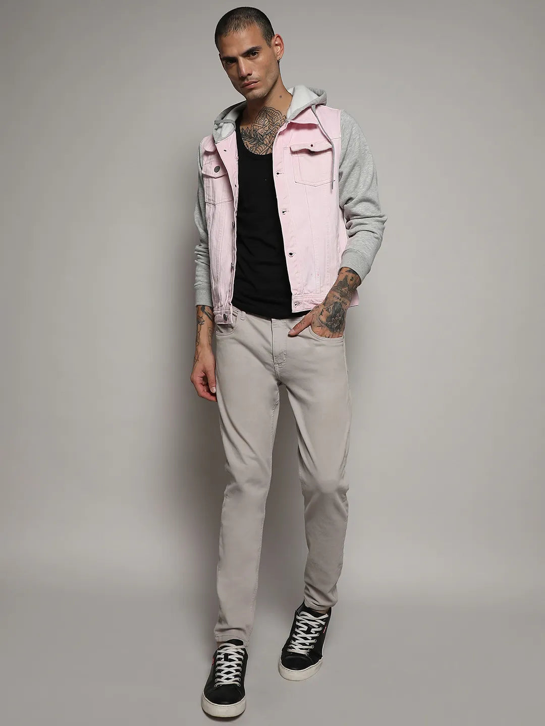 Medium-Wash Denim Jacket With Sweatshirt Sleeve