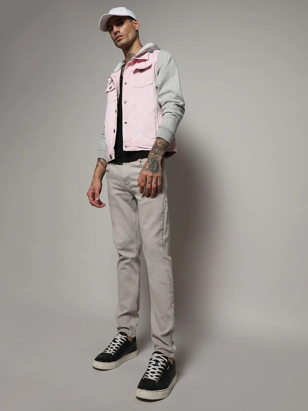 Medium-Wash Denim Jacket With Sweatshirt Sleeve