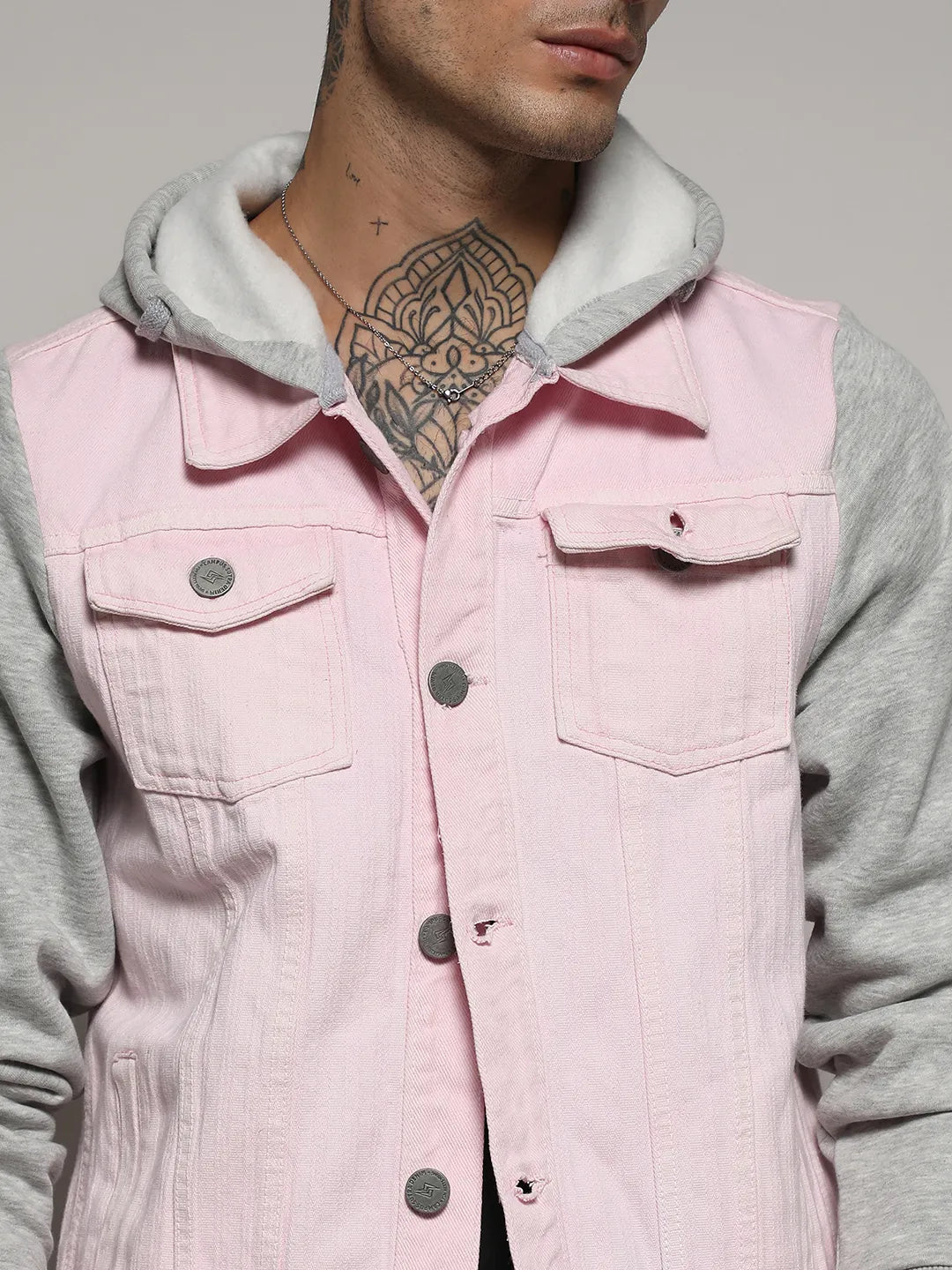 Pink & Grey Medium-Wash Denim Jacket With Sweatshirt Sleeve