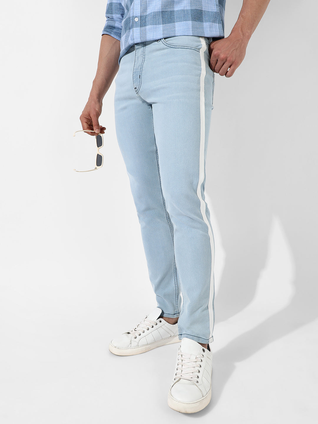 Side Stripe White Stripe Denim Jeans Plus Men's White Regular Fit