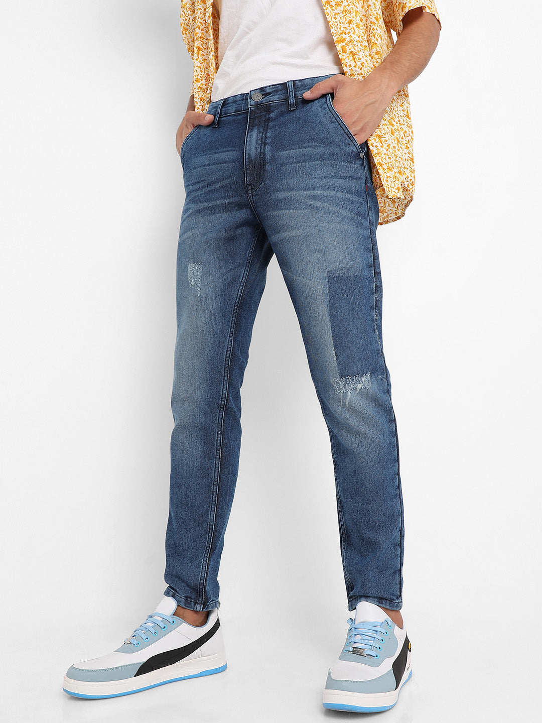 Distressed Patterned Denim Jeans