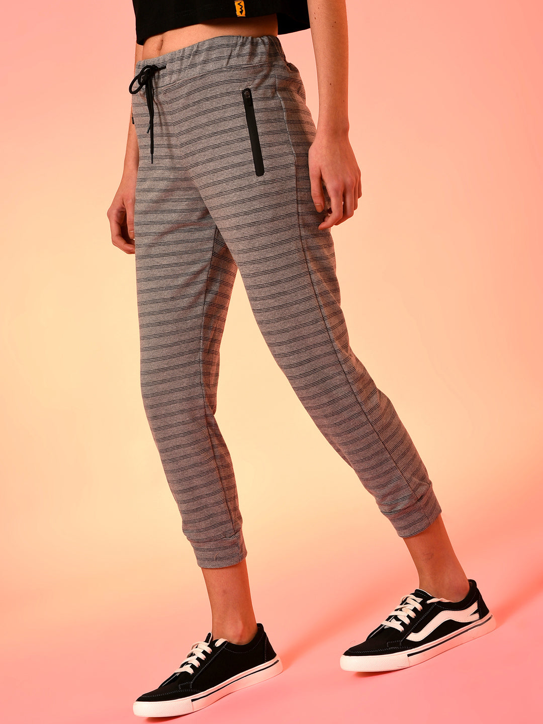 Grey Striped Cotton Active Joggers