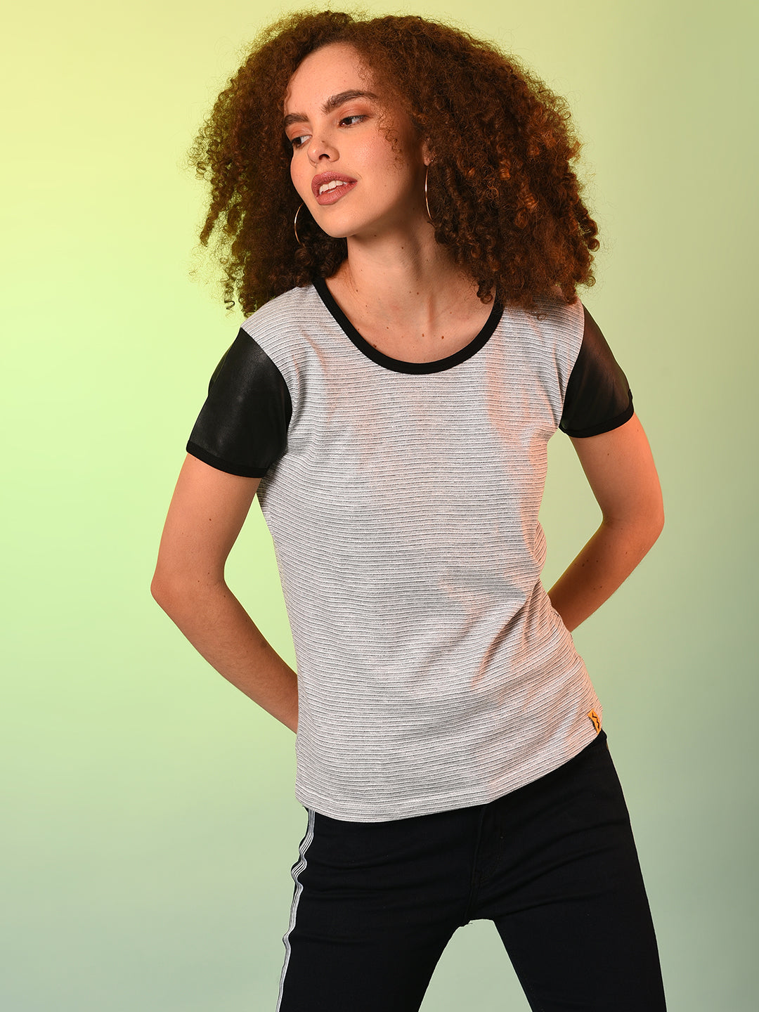 Grey Black Striped Round Neck Pure Cotton Top