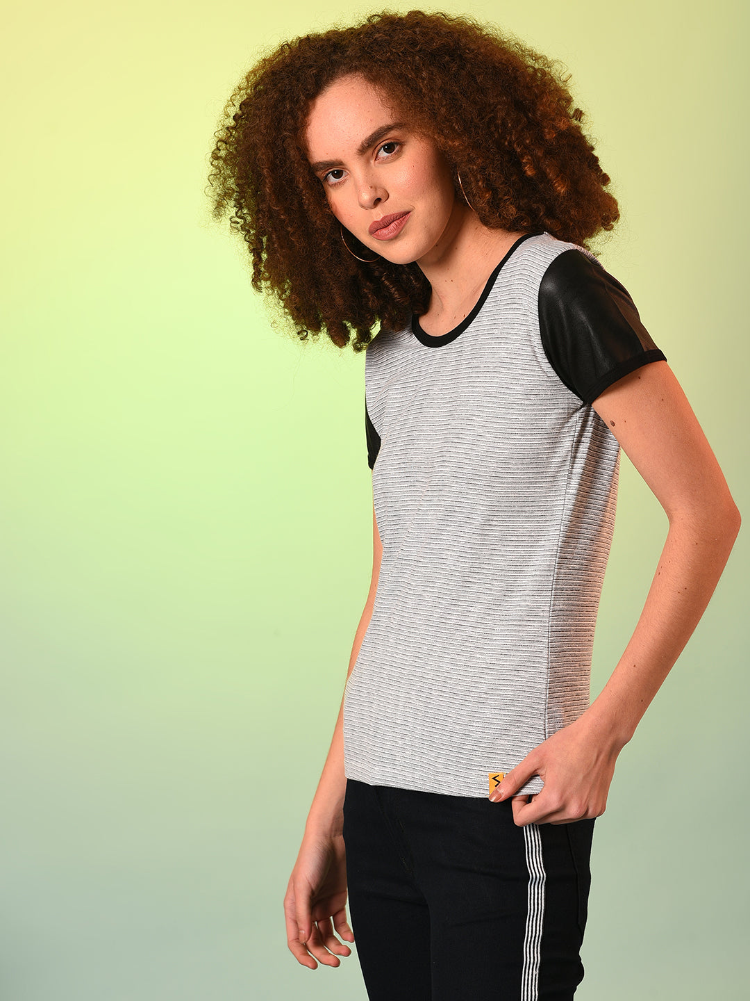 Grey Black Striped Round Neck Pure Cotton Top