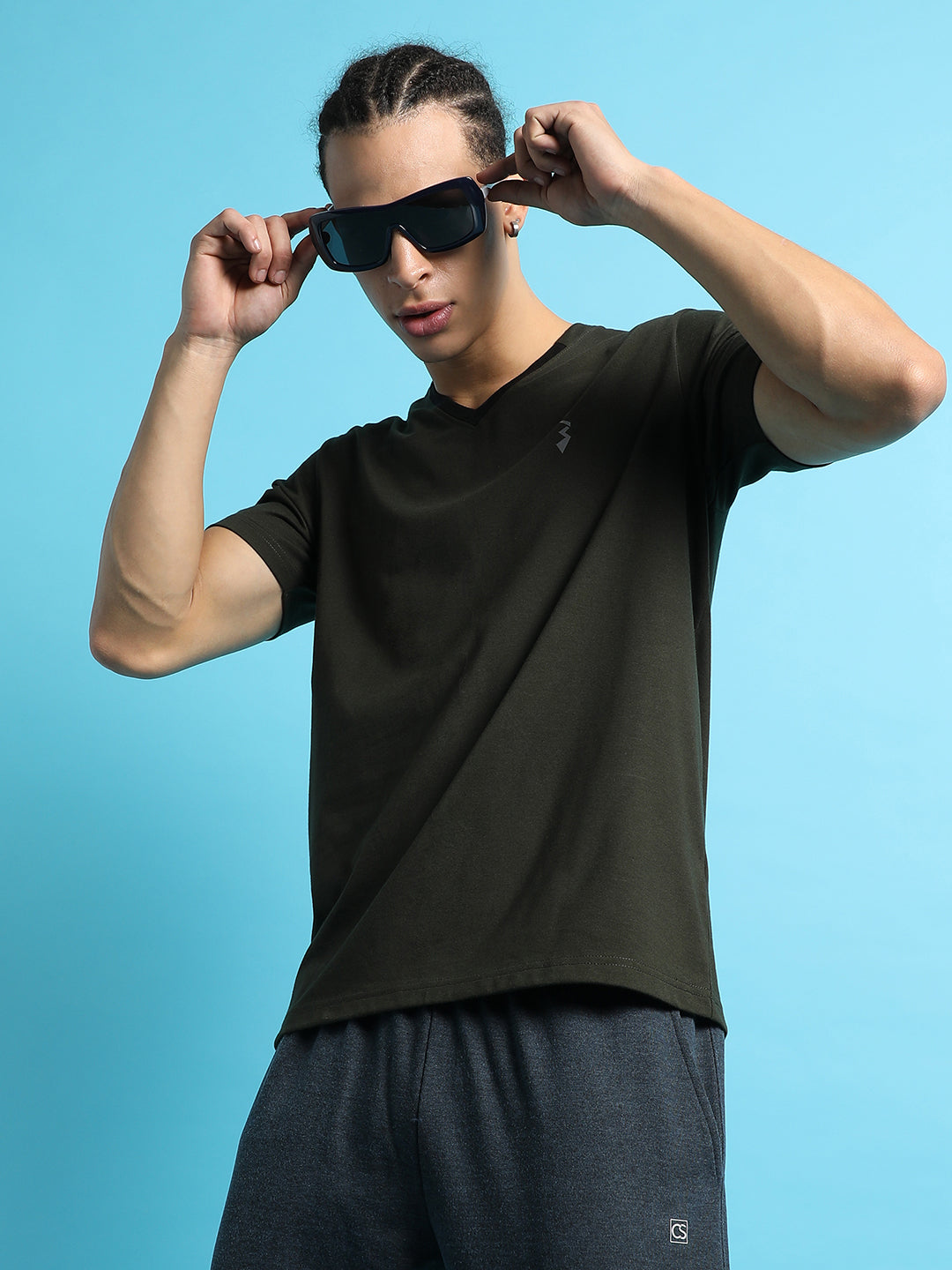 Solid Green V-Neck Casual T-Shirts