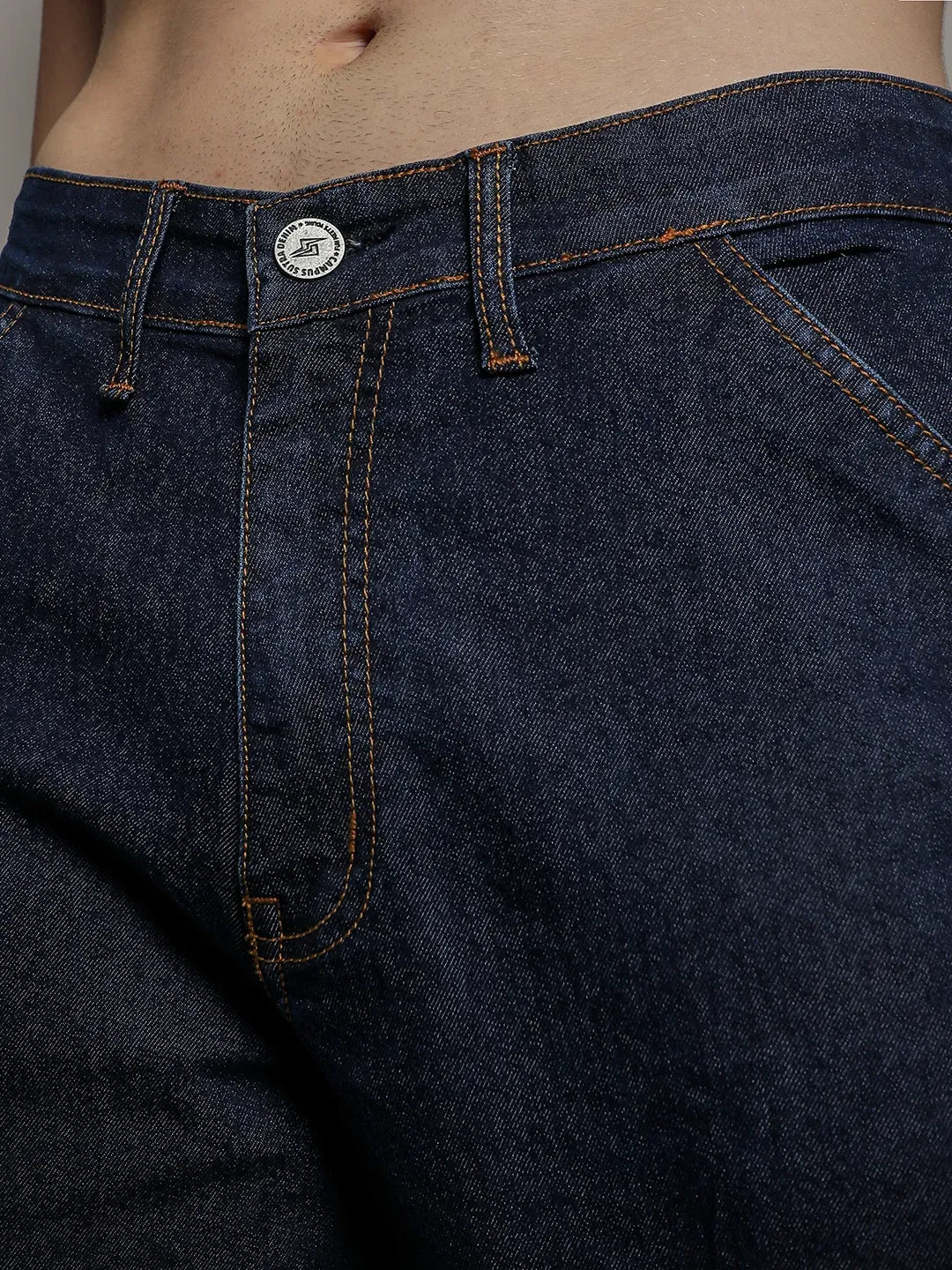 Men's Navy Blue Paneled Patch Pocket Denim Jeans