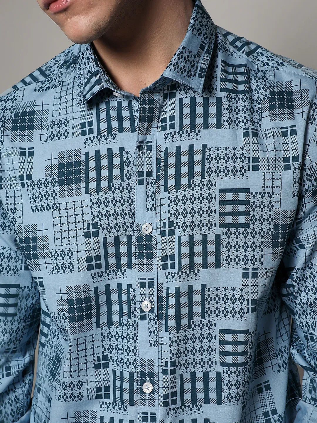 Men's Prussian Blue Arygle Checkered Block Shirt