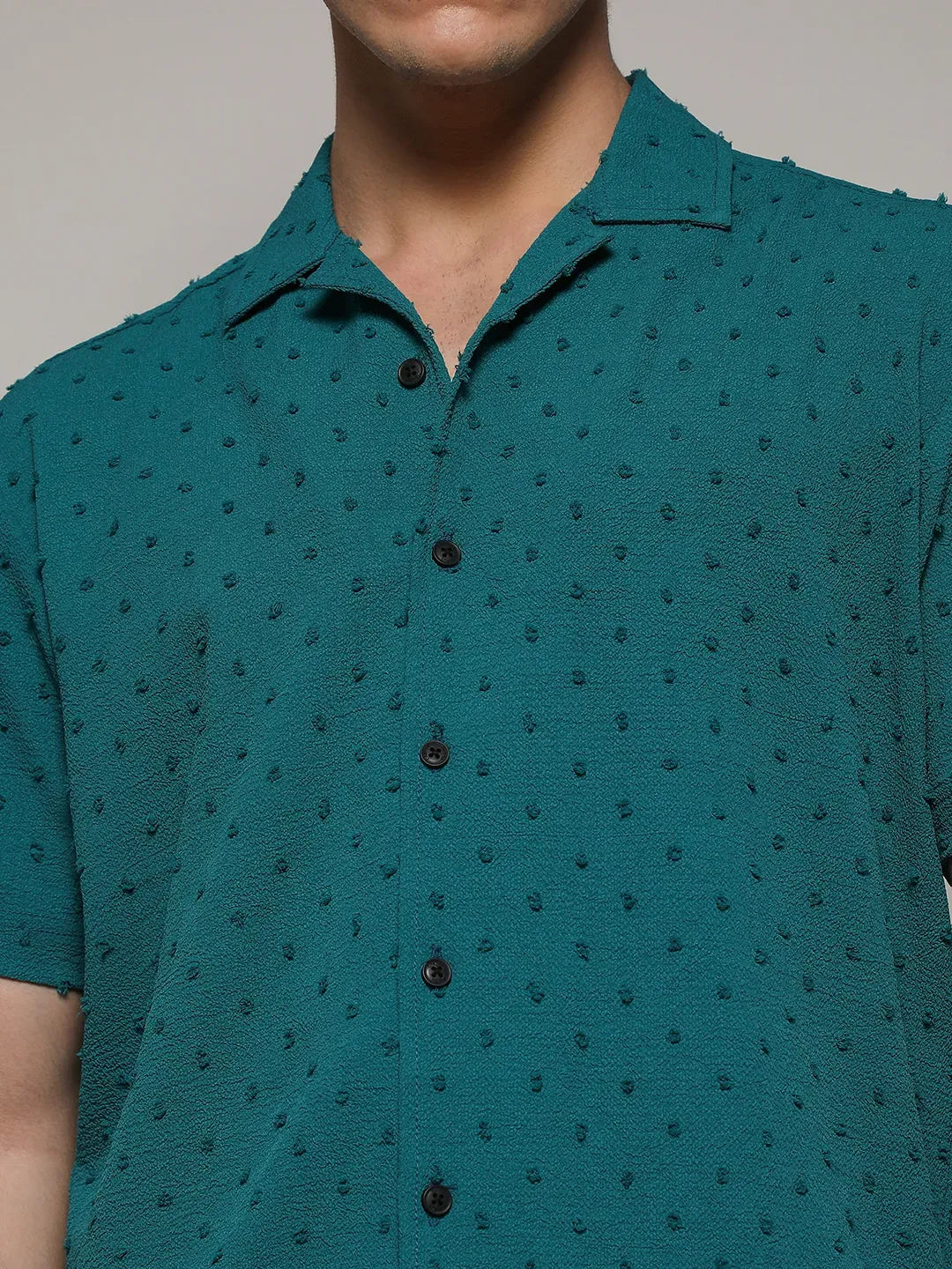 Men's Teal Green Self-Design Pom-Pom Shirt