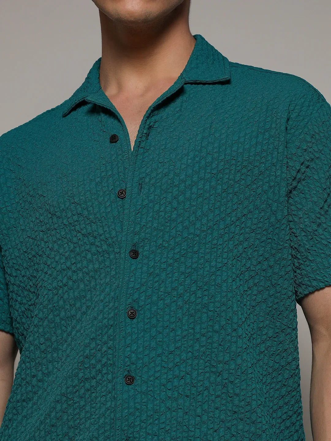 Men's Teal Green Self-Design Creased Striped Shirt