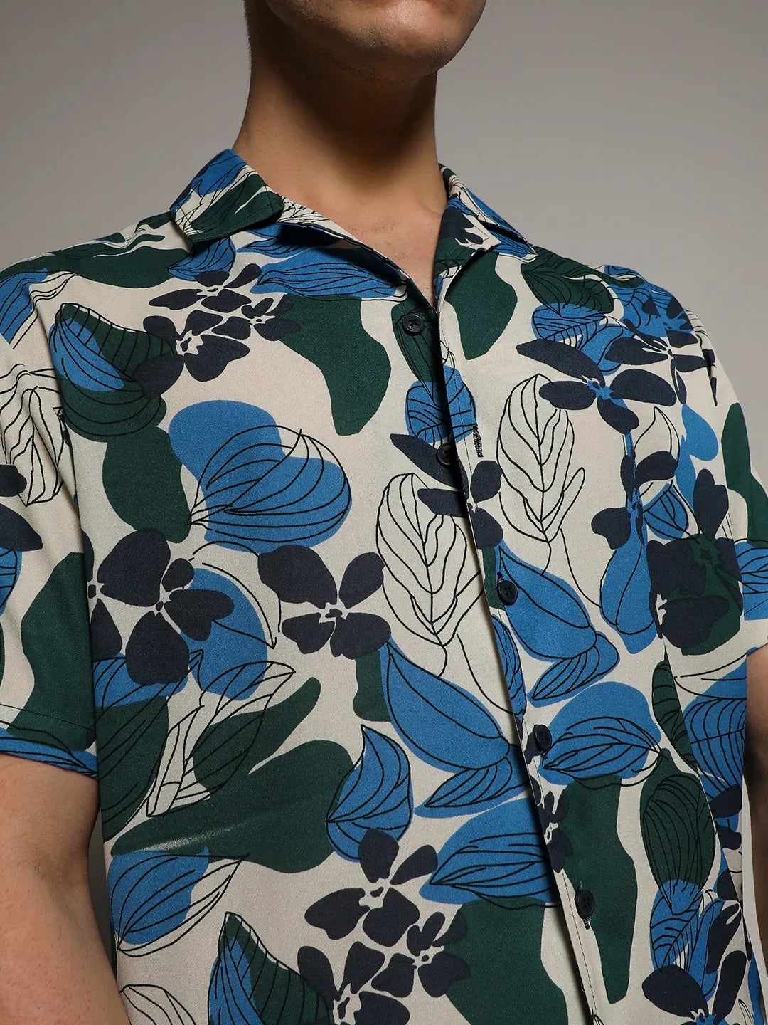 Men's Azure Blue - Forest Green Floral Abstract Shirt