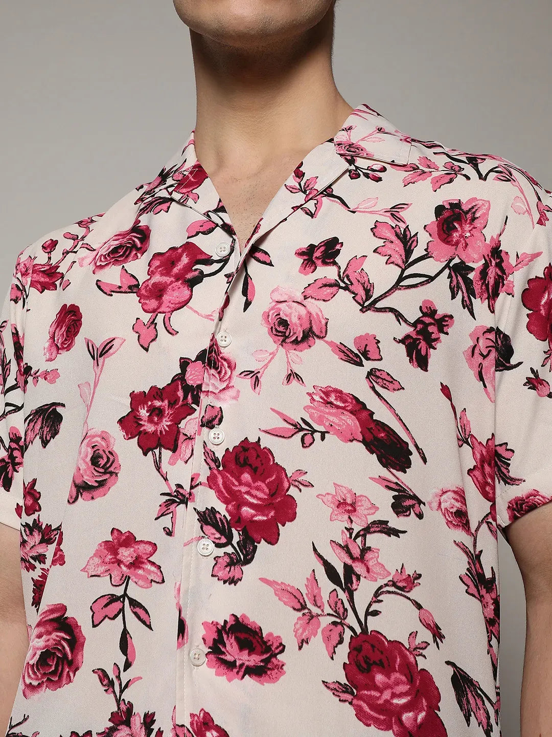 Men's Vermillion Red - Ivory White Rose Shirt