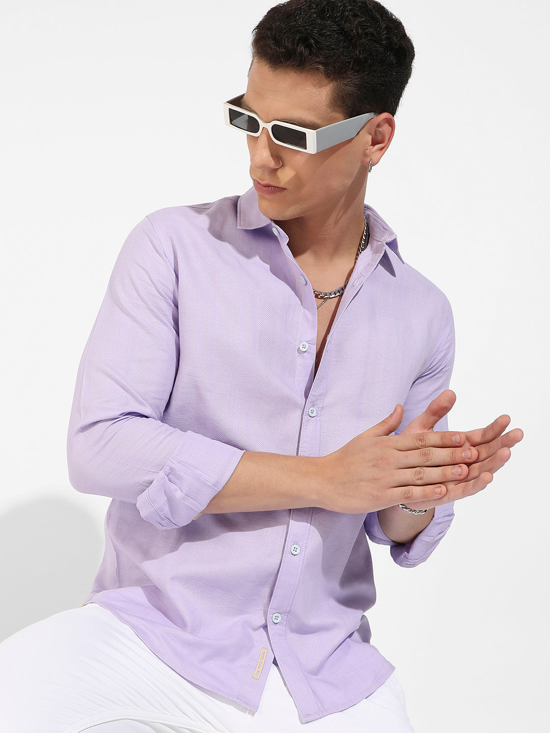 899 | Campus Sutra Men's Lavender Self-Design Striped Shirt - Campussutra 899 | Campus Sutra Men's Lavender Self-Design Striped Shirt - Campussutra