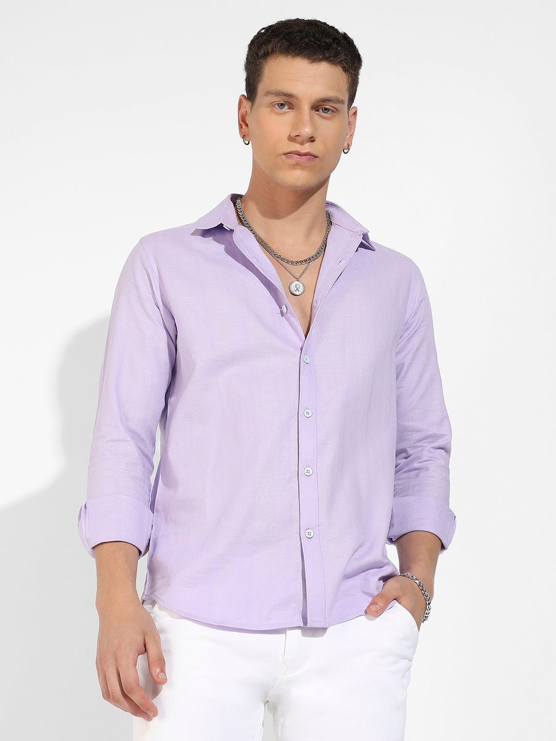 ₹899 | Campus Sutra Men's Lavender Self-Design Striped Shirt