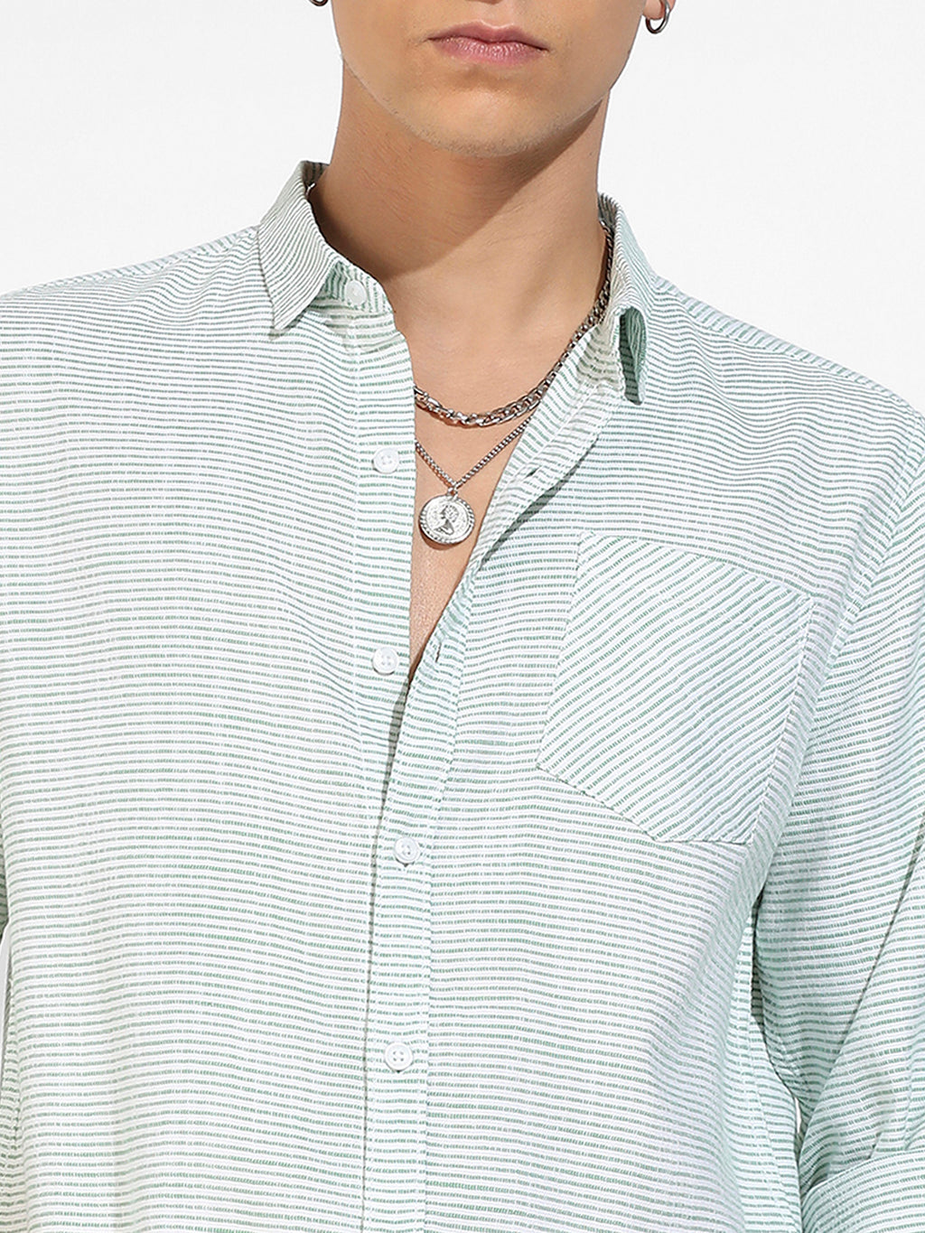 White & Green Horizontal Chalk Striped Shirt
