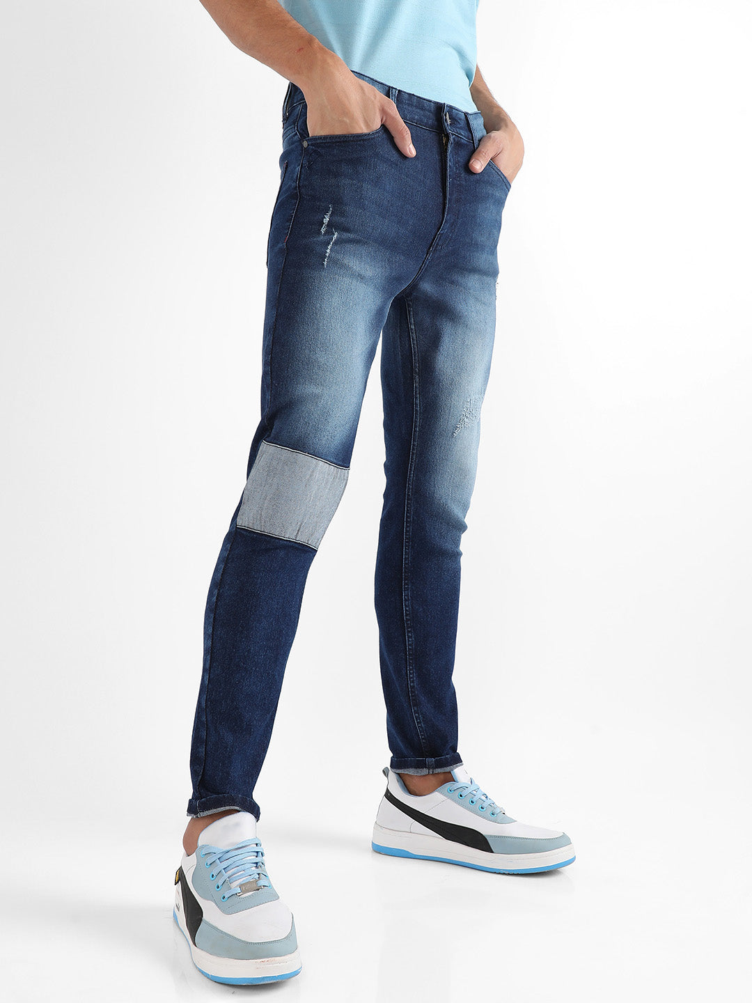 Contrast Patch Distressed Denim Jeans