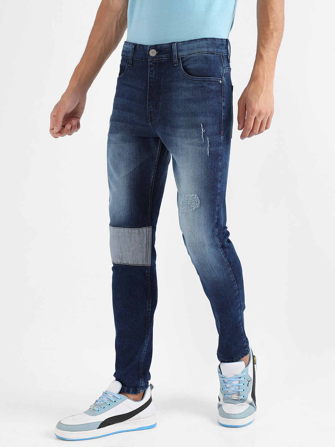 Contrast Patch Distressed Denim Jeans