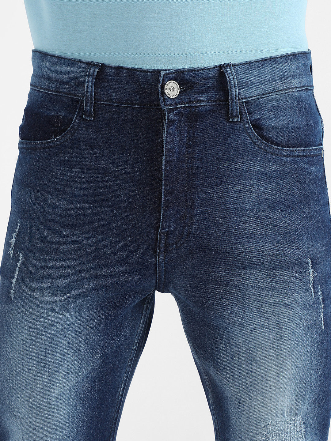 Men's Blue Contrast Patch Distressed Denim Jeans