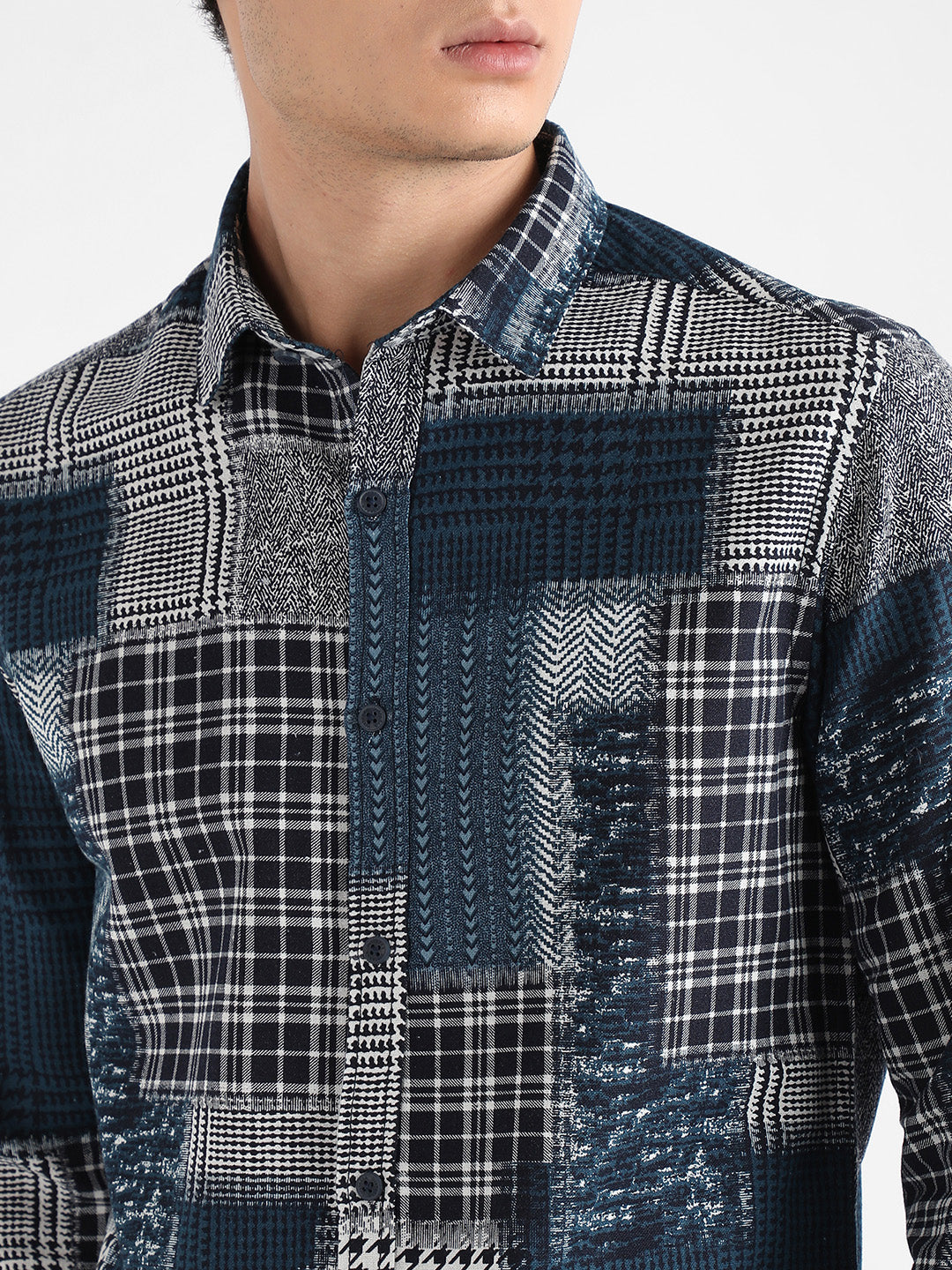 Men's Navy Blue Herringbone Block Shirt