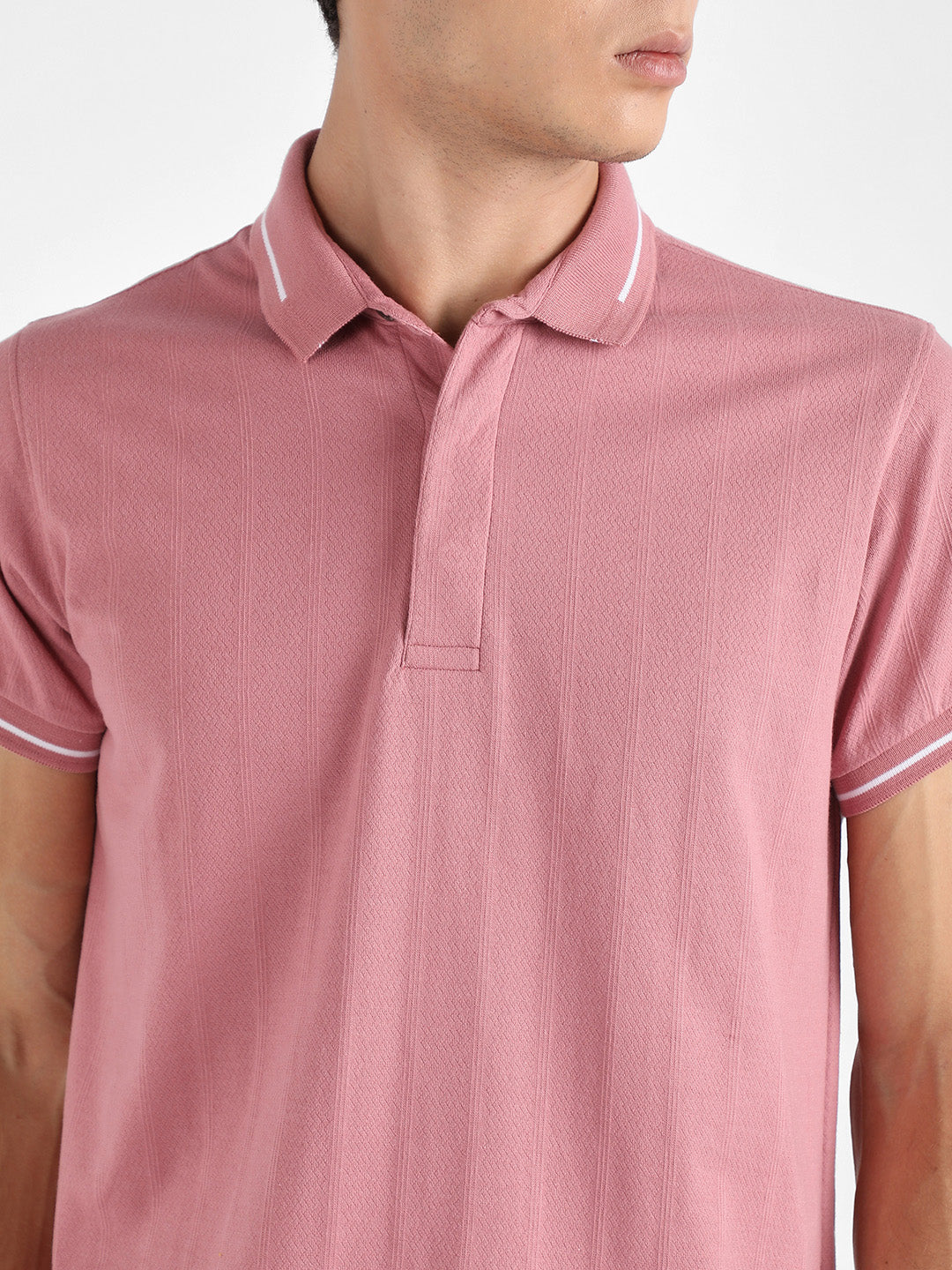 Men's Coral Pink Self-Design Halo Striped T-Shirt