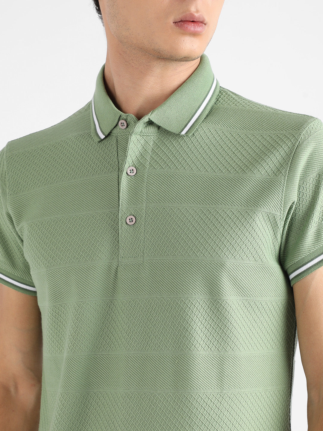 Men's Olive Green Self-Design Horizontal Striped T-Shirt