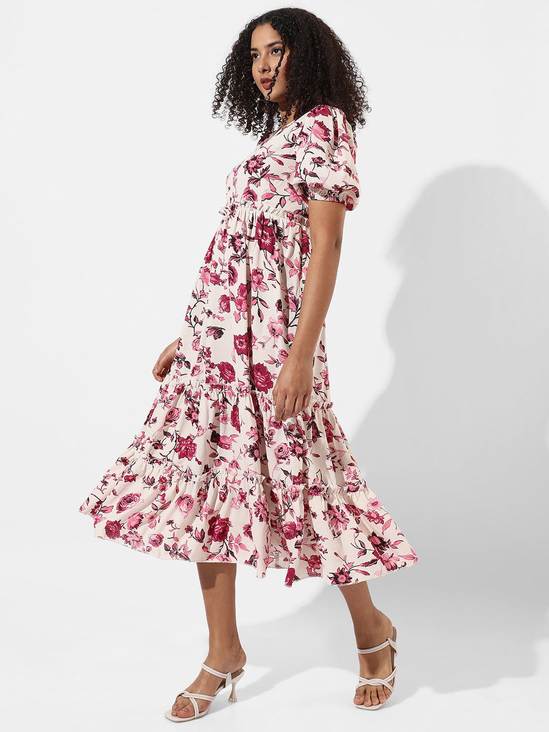 White,Pink Floral Printed Dress