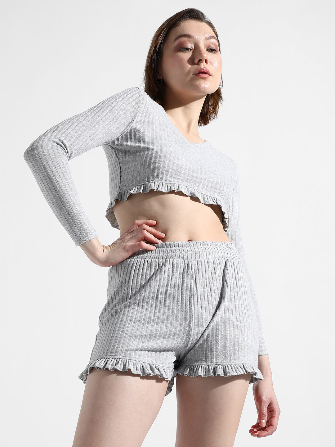 Solid Ribbed Co-Ord Set With Ruffle Detail