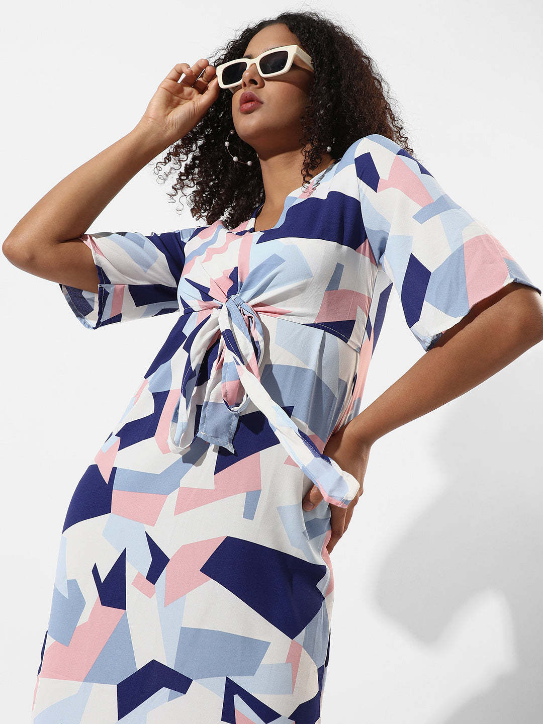 Abstract Print Dress With Tie-Up Waist