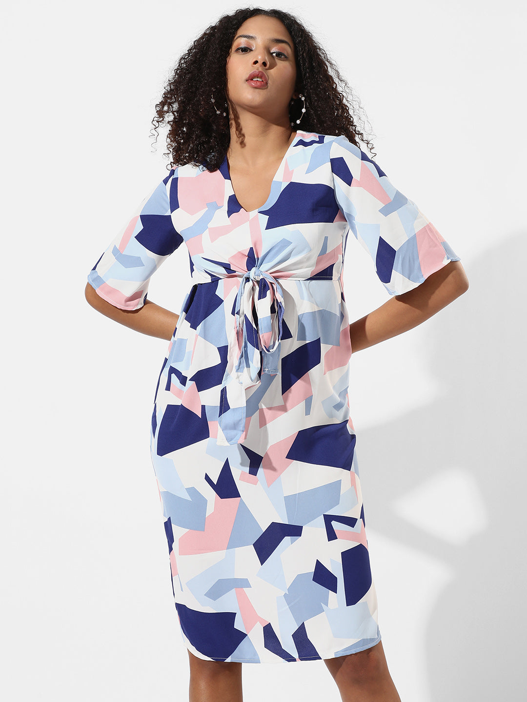 Abstract Print Dress With Tie-Up Waist