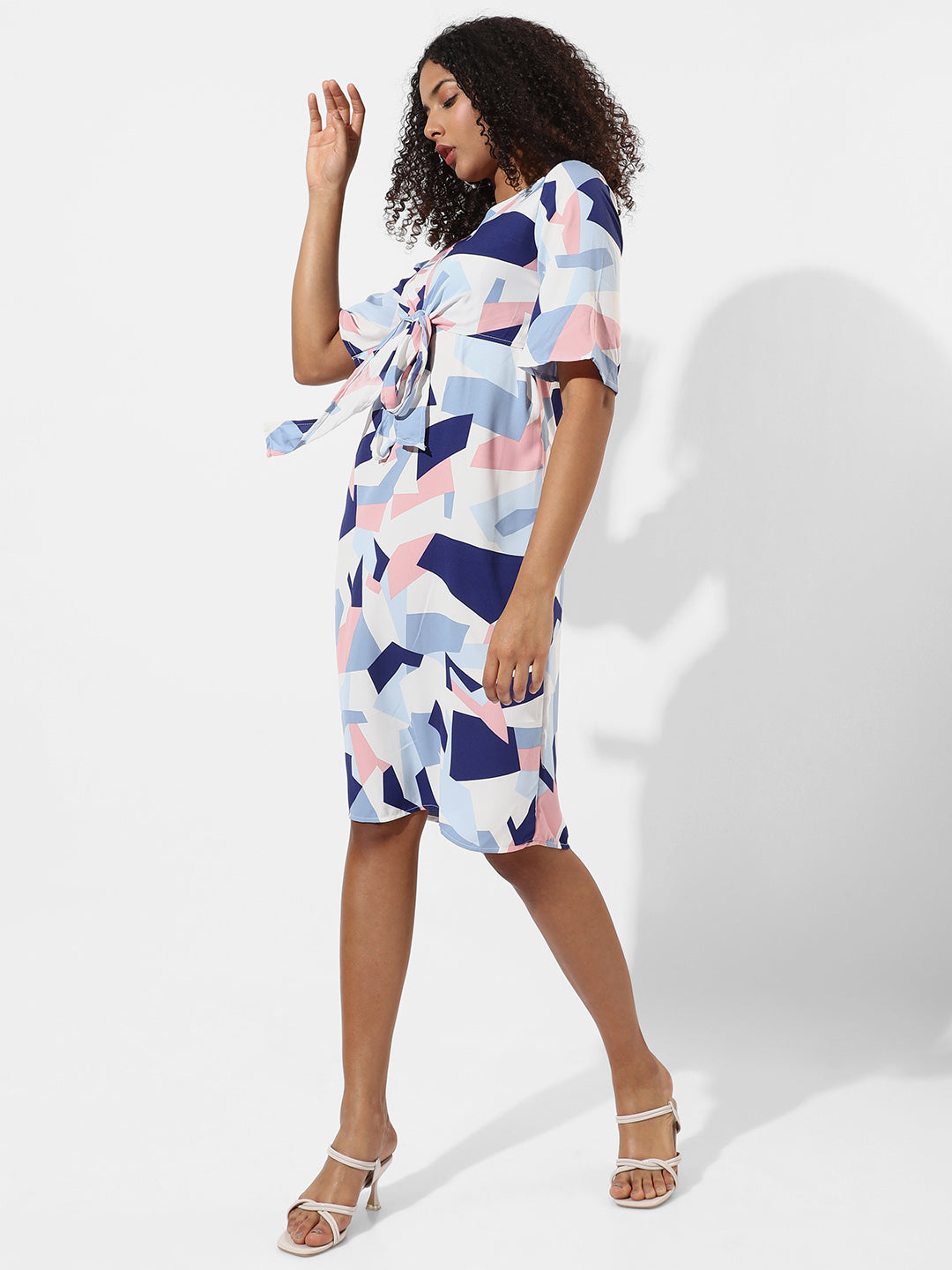 Abstract Print Dress With Tie-Up Waist