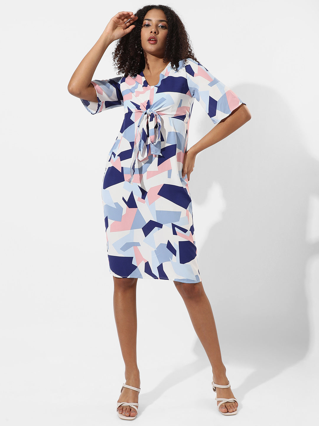 Abstract Print Dress With Tie-Up Waist