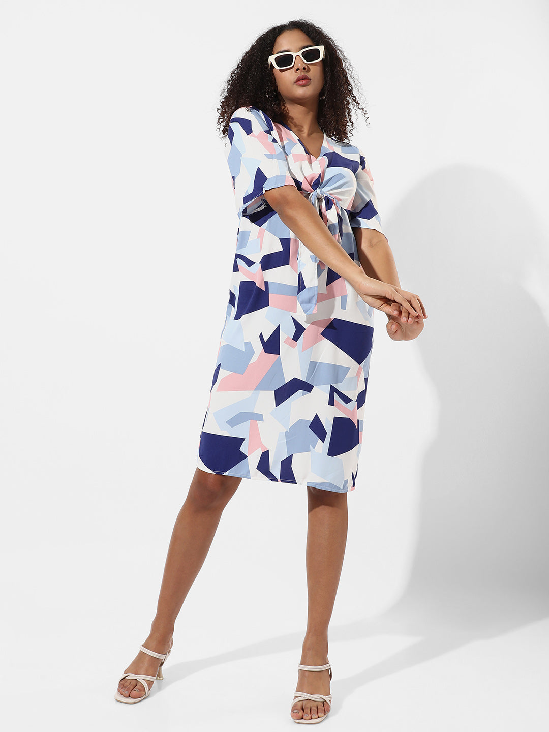 Abstract Print Dress With Tie-Up Waist