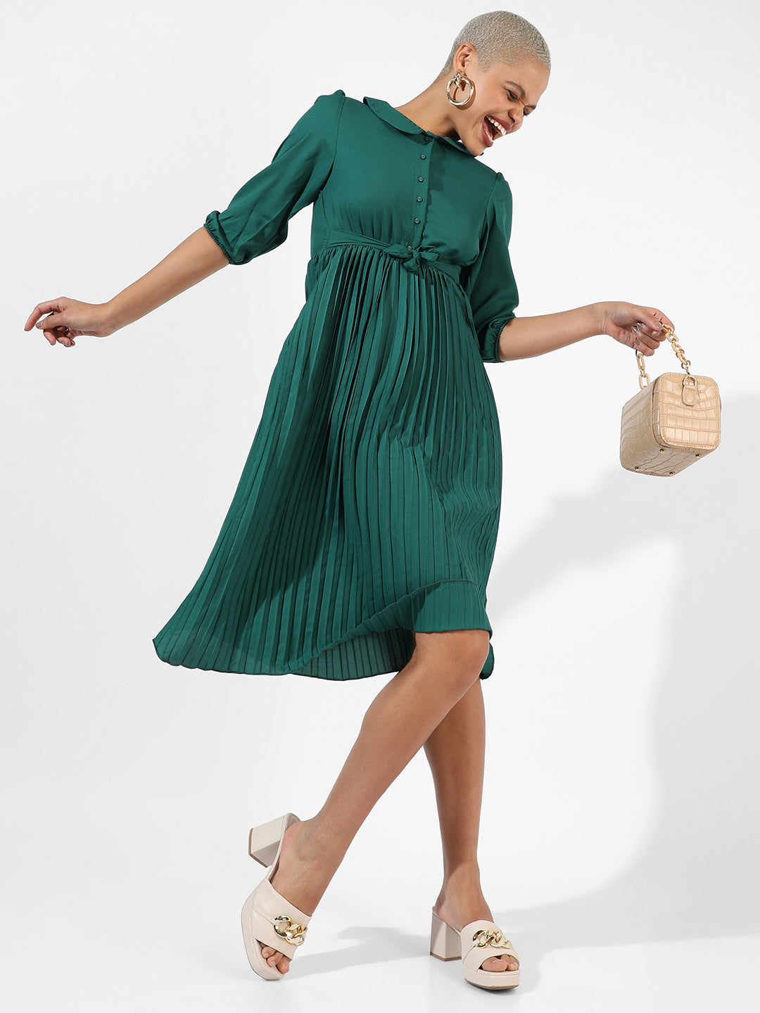 Pleated Tie-Up Dress