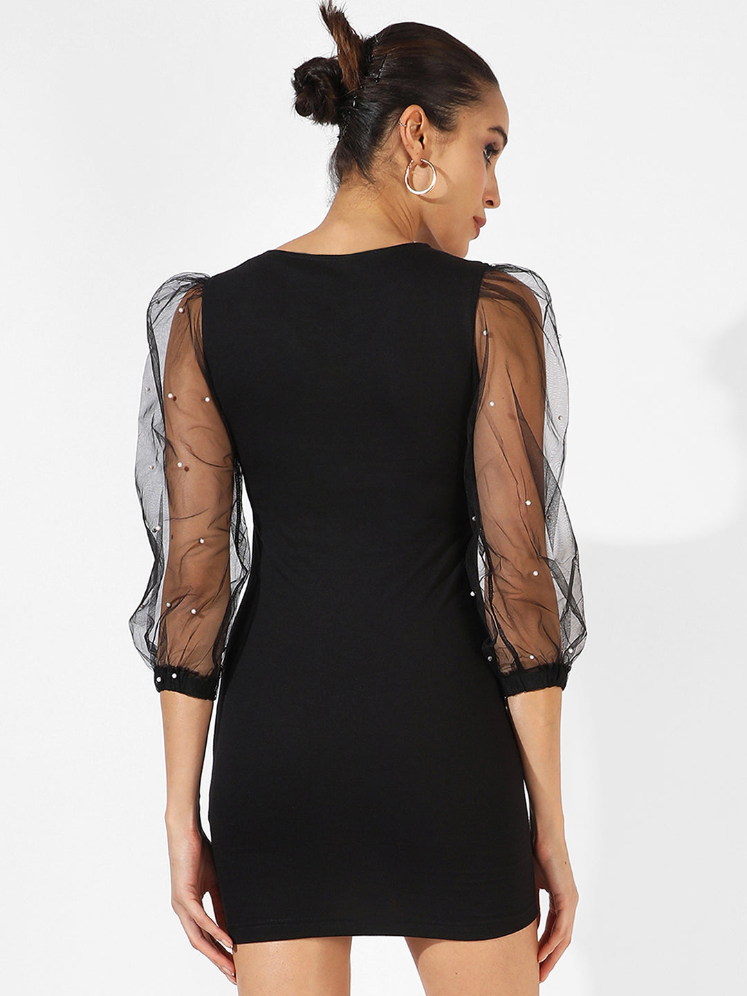 Solid Dress With Sheer Sleeves