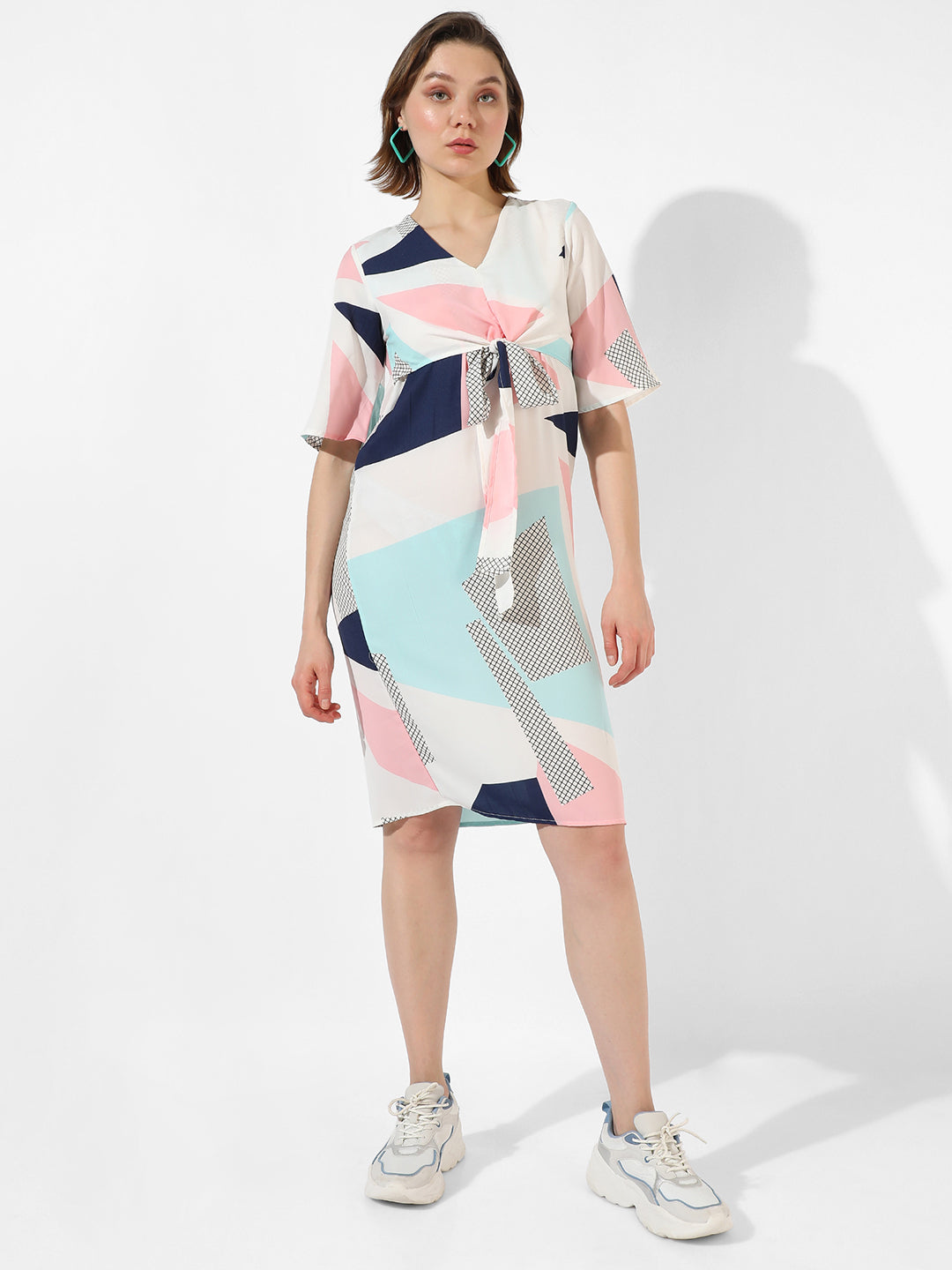 Abstract Print Dress With Tie-Up Waist